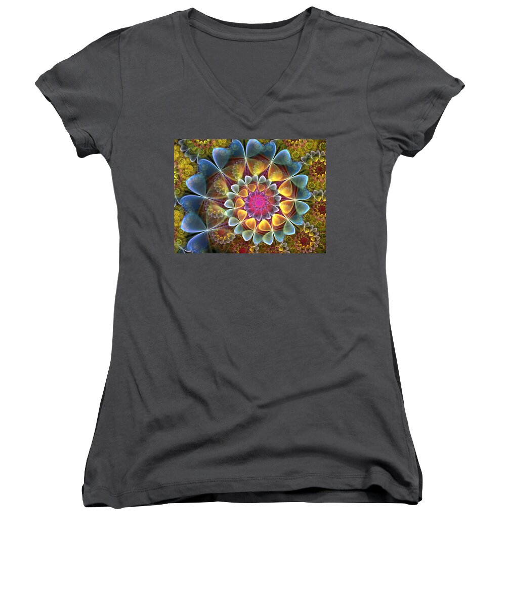 Fractal Women's V-Neck featuring the digital art Hearts of Blue - Missing You by Amorina Ashton