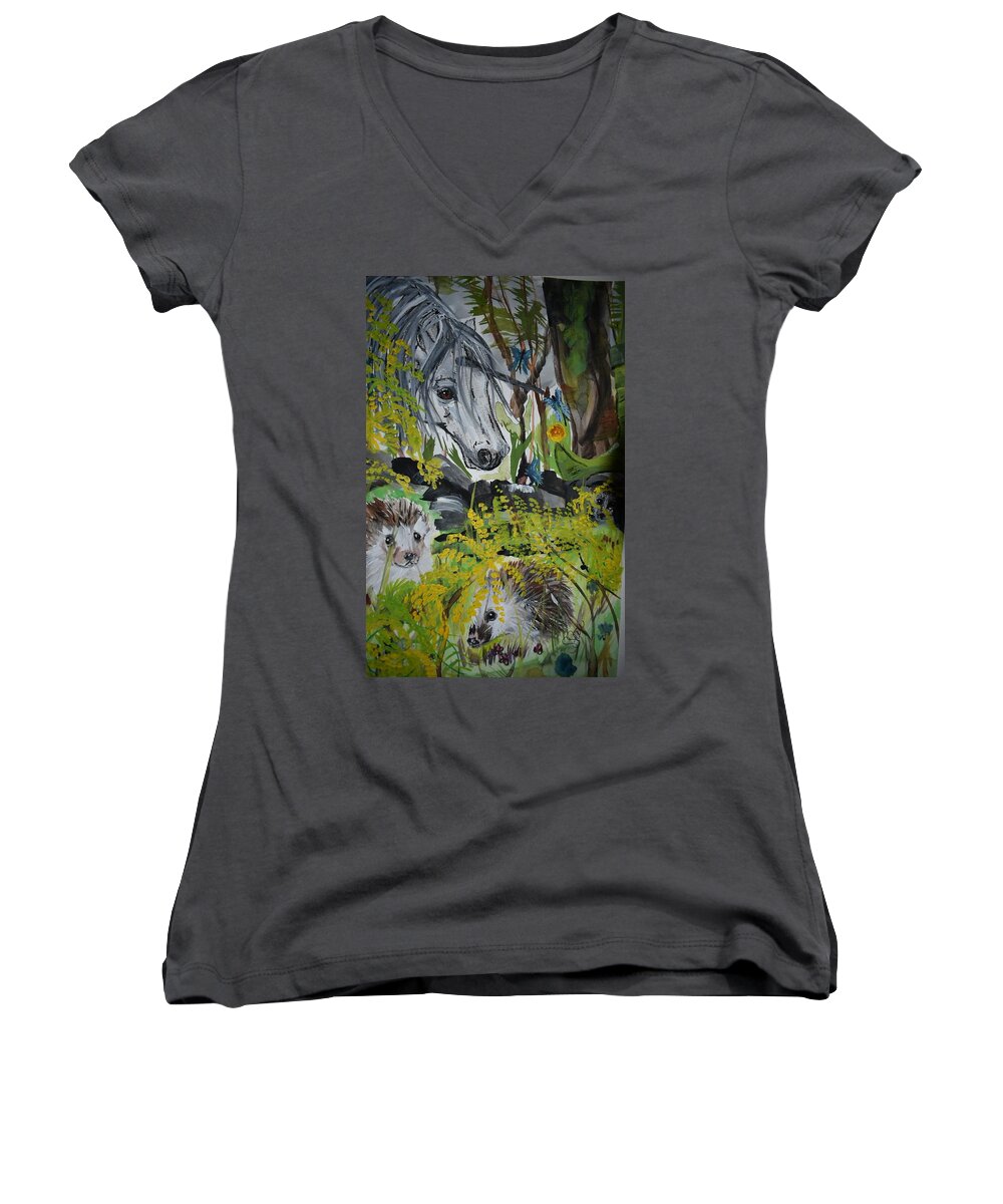 Hedgehogs Women's V-Neck featuring the painting Hedgies by Susan Voidets