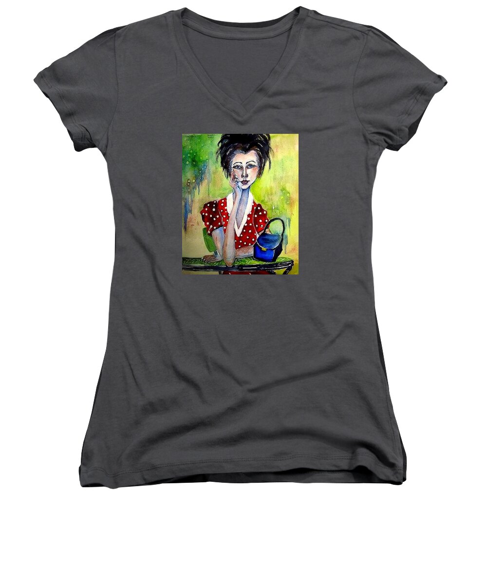  Women's V-Neck featuring the painting Her Purse Too by Esther Woods