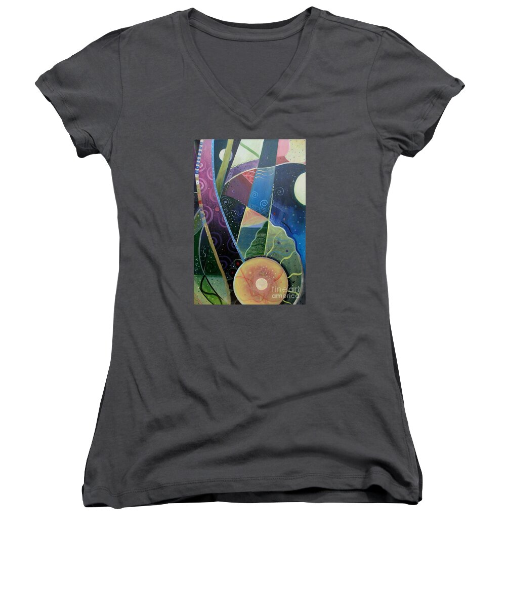 Multi-dimensional Women's V-Neck featuring the painting Here and There by Helena Tiainen