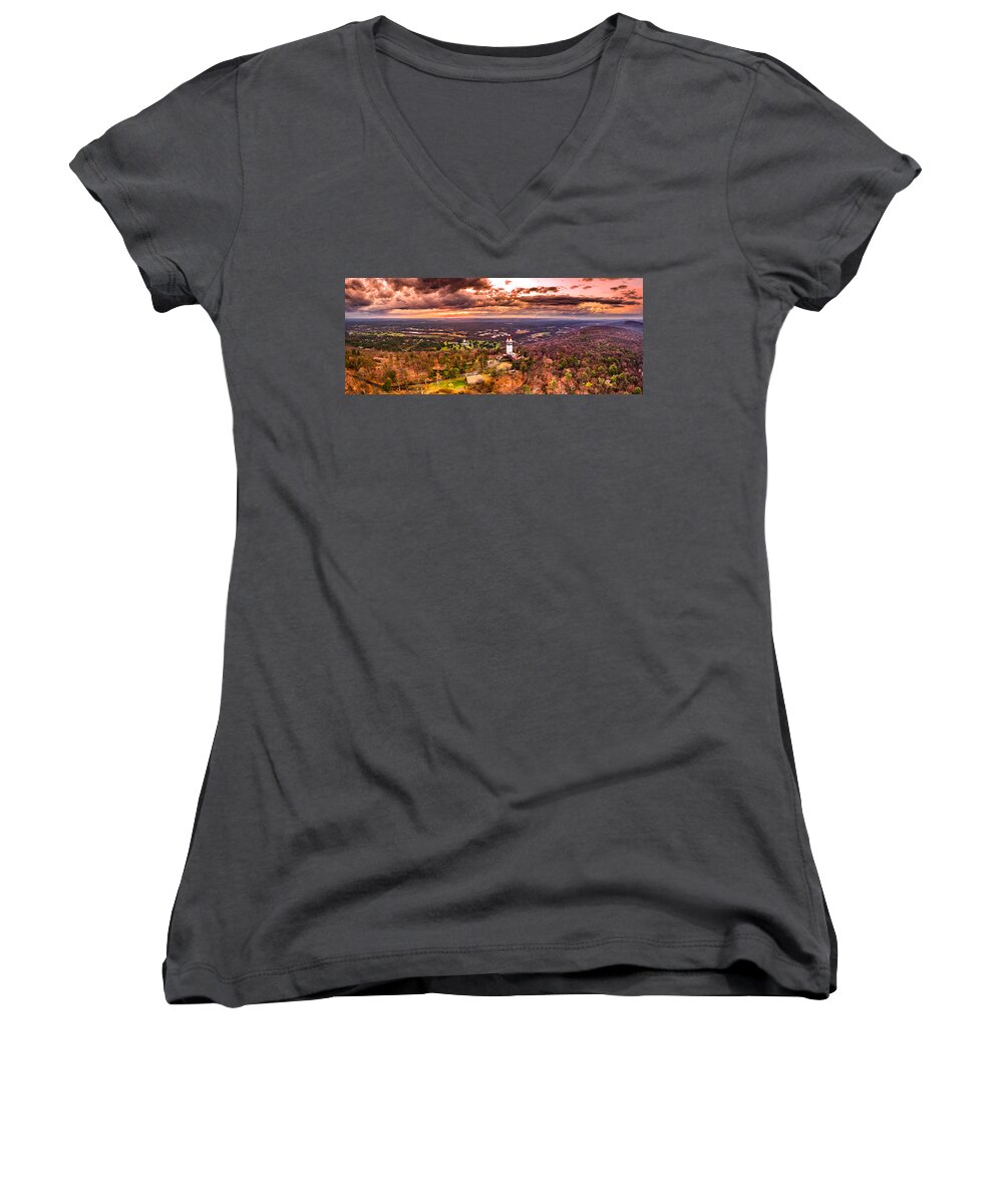 Heublein Women's V-Neck featuring the photograph Heublein Tower, Simsbury Connecticut, Cloudy Sunset by Mike Gearin
