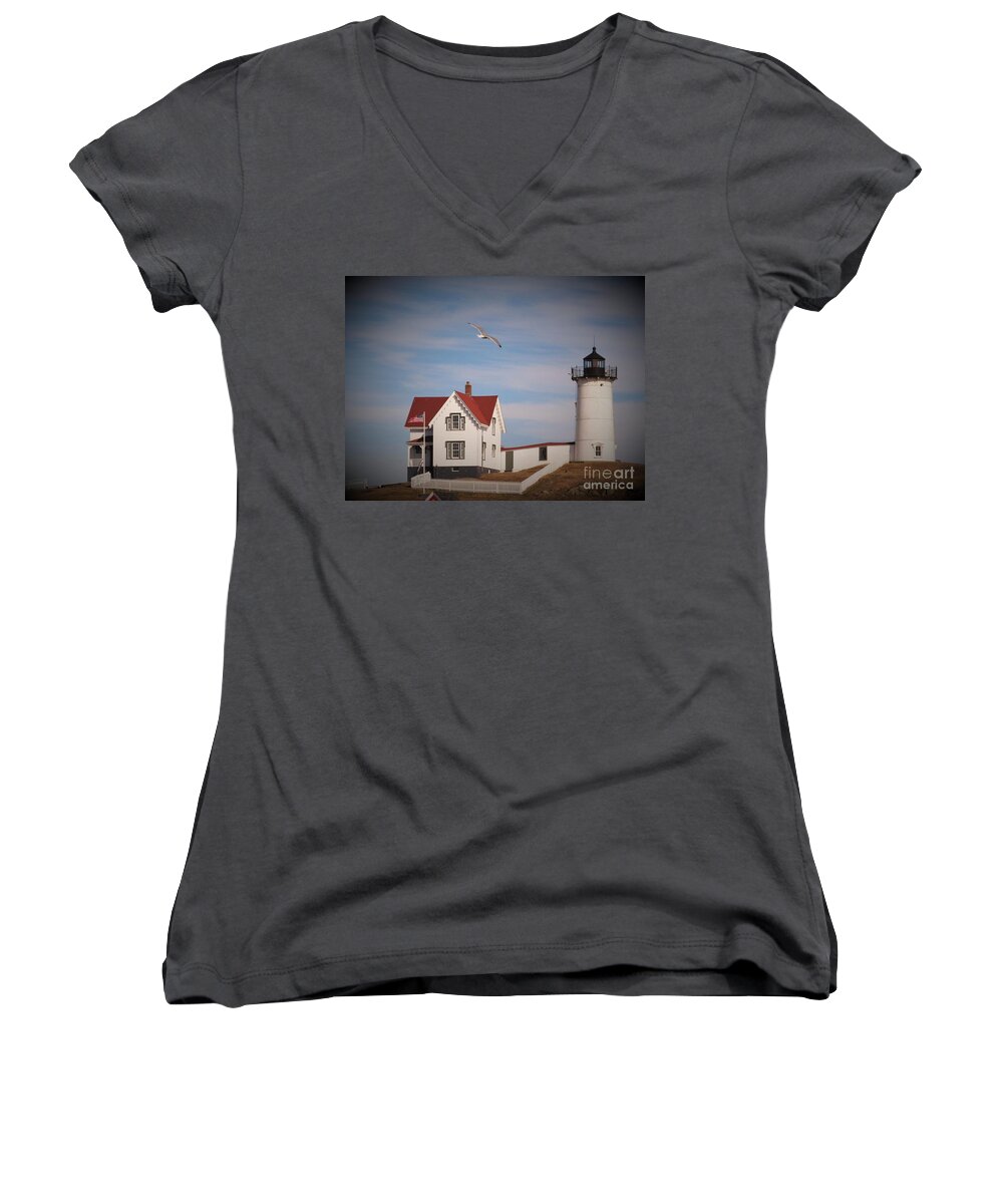 Lighthouse Women's V-Neck featuring the photograph Highlighting the Nubble Light by Loretta Pokorny