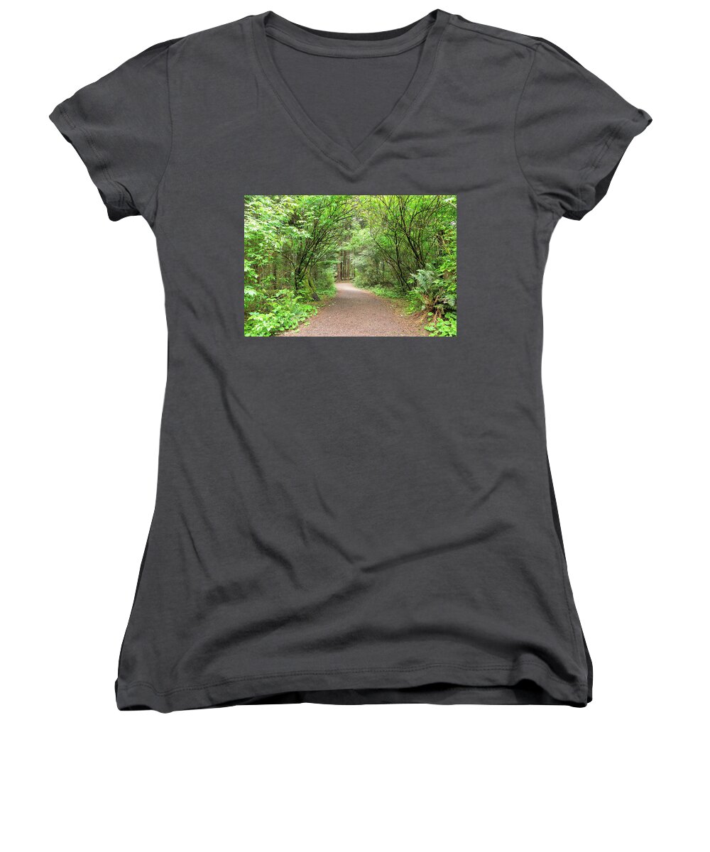 Hiking Women's V-Neck featuring the photograph Hiking Trail along Lewis and Clark River by David Gn