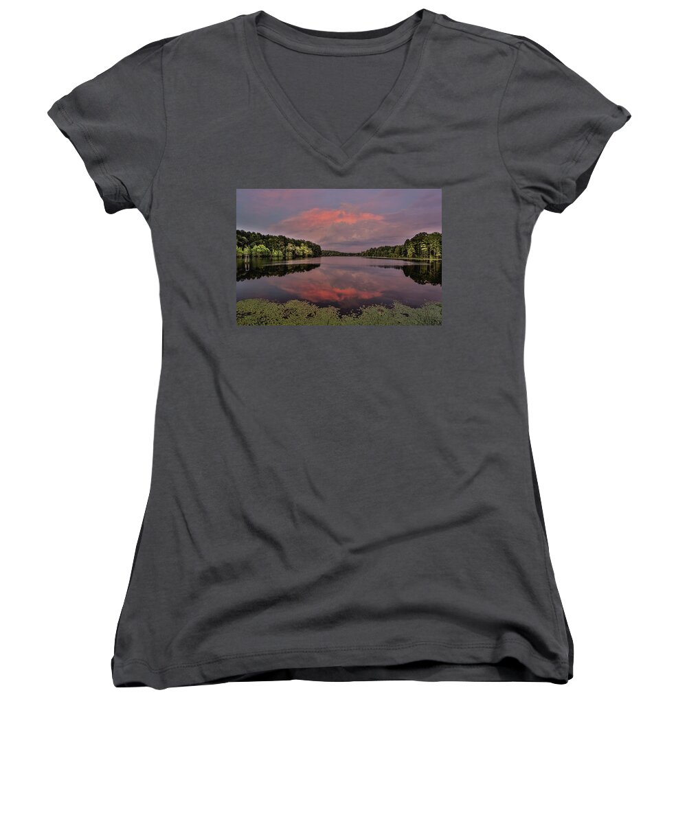 Rockingham Women's V-Neck featuring the photograph Hinson Lake Clouds by Jimmy McDonald