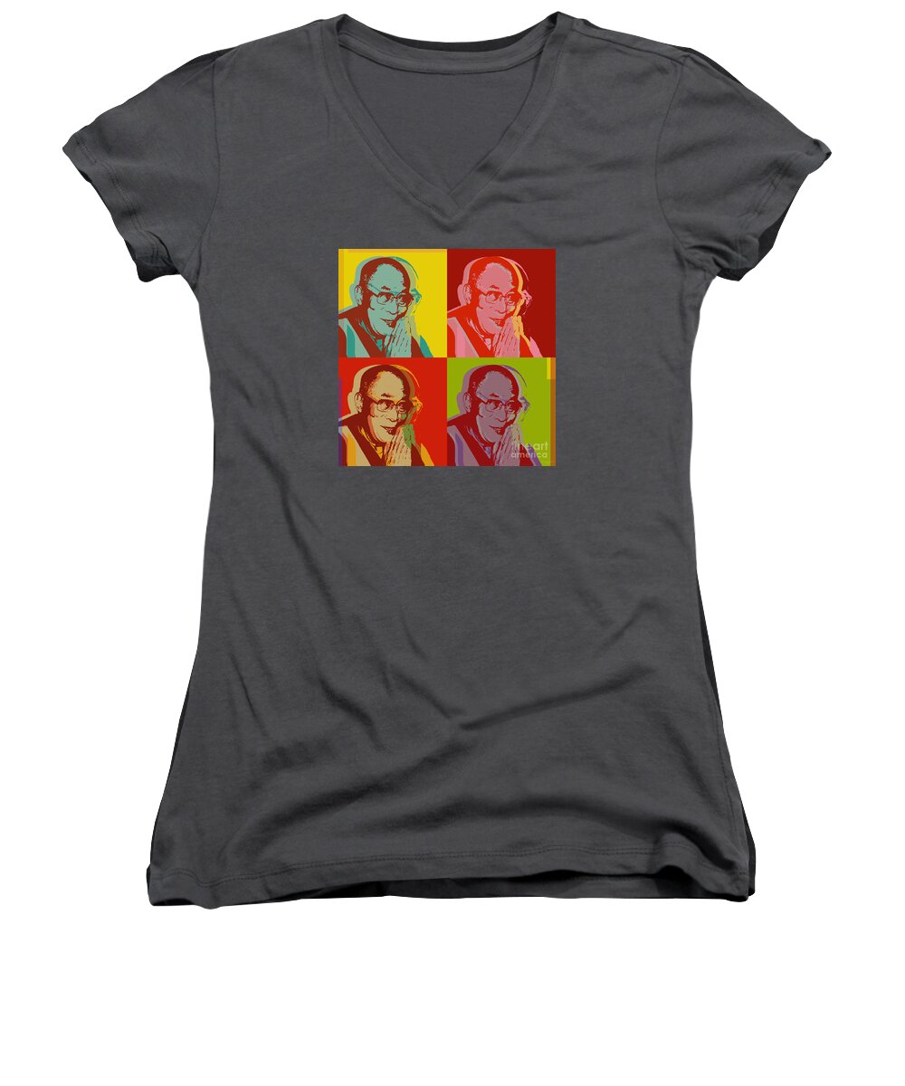 Lama Women's V-Neck featuring the digital art His Holiness the Dalai Lama of Tibet by Jean luc Comperat
