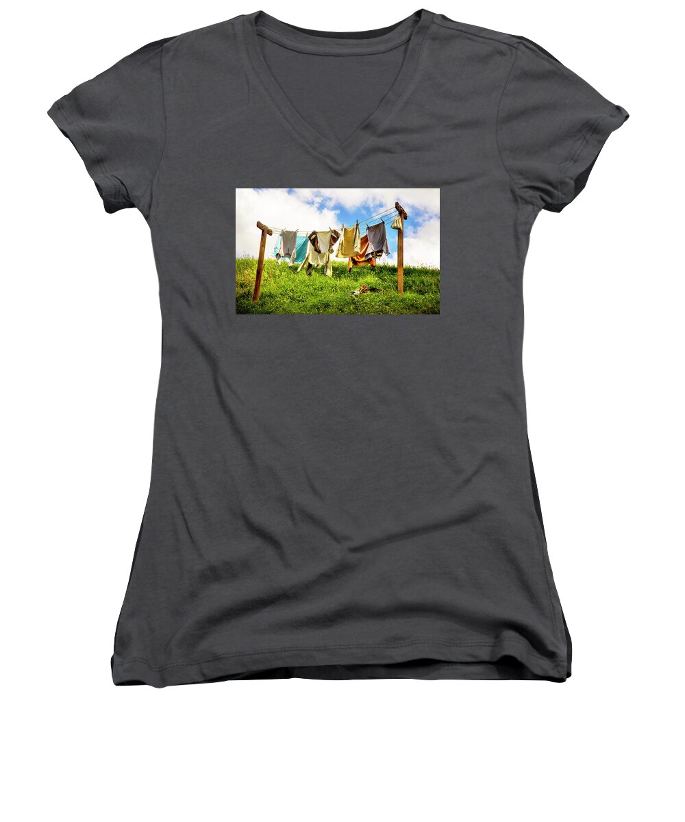 Hobbits Women's V-Neck featuring the photograph Hobbit Clothesline by Kathryn McBride