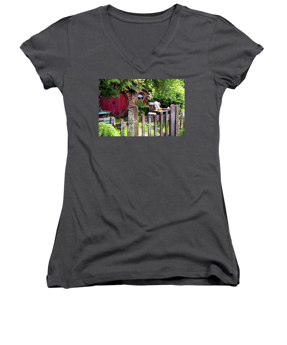 Hobbits Women's V-Neck featuring the photograph Hobbit Tea and Honey by Kathryn McBride