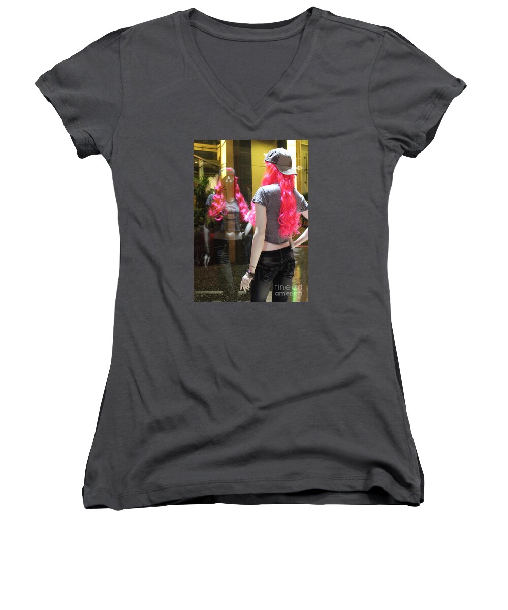Hollywood Women's V-Neck featuring the photograph Hollywood Pink Hair in Window by Cheryl Del Toro
