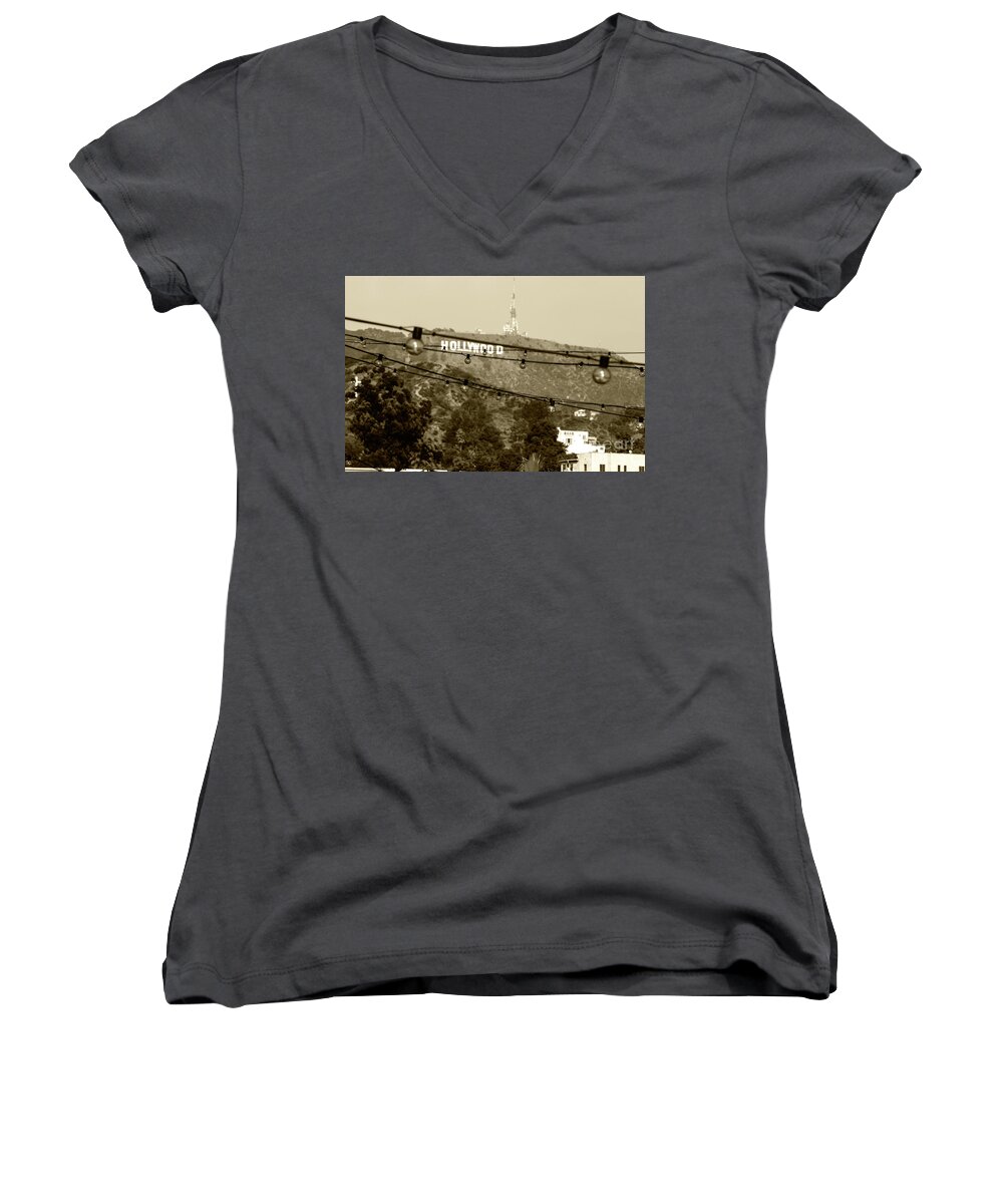 Hollywood Women's V-Neck featuring the photograph Hollywood sign on the hill 4 by Micah May