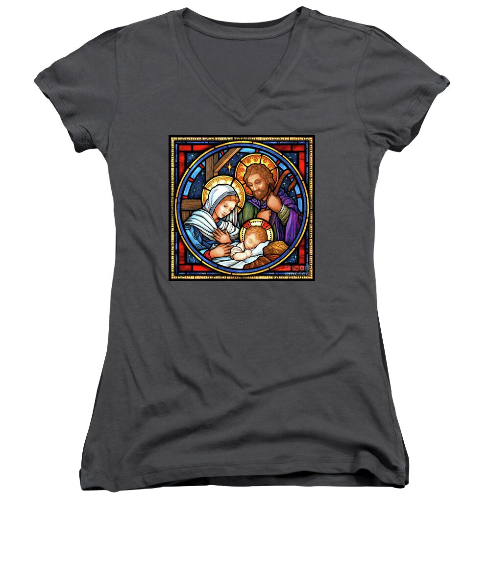 Stained Glass Holy Family Baby Jesus Christmas Nativity Mary Joseph Blessed Virgin Christ Child Sacred Catholic Women's V-Neck featuring the digital art Holy Family Stained Glass by Randy Wollenmann