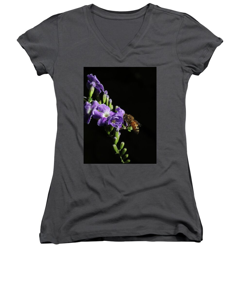 Bees Women's V-Neck featuring the photograph Honeybee on Golden Dewdrop by Richard Rizzo