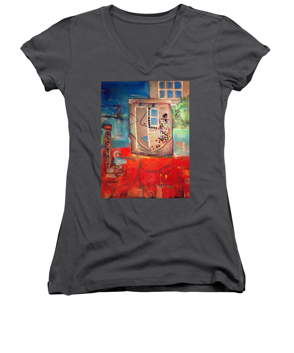  Women's V-Neck featuring the painting Hood by Lilliana Didovic