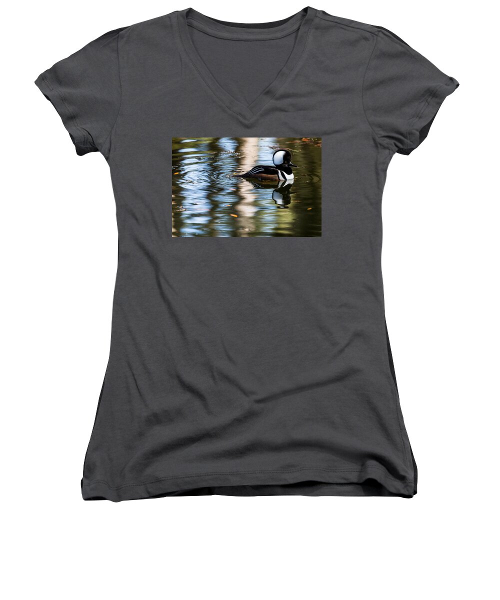 Hooded Women's V-Neck featuring the photograph Hooded Merganser 5577 by Brent L Ander