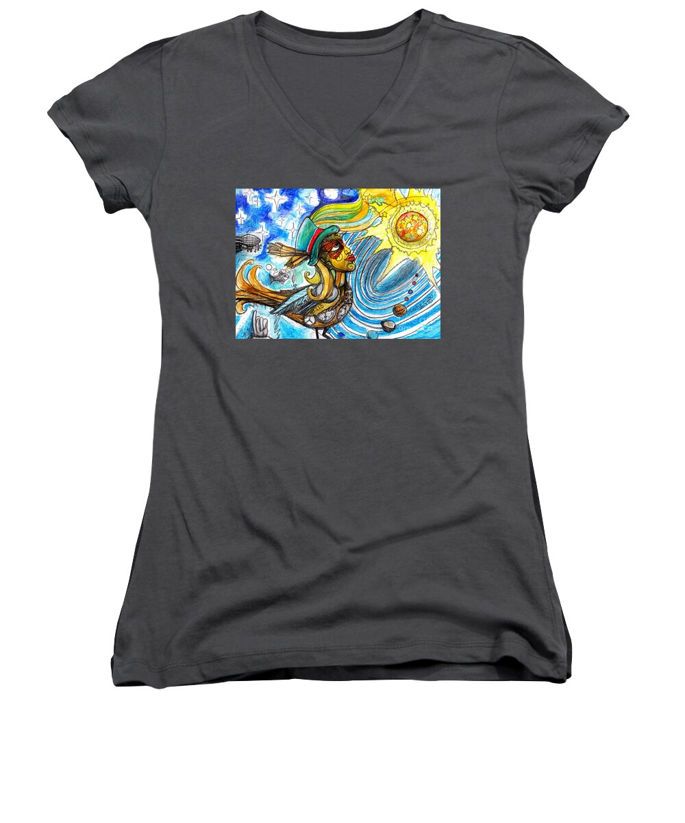 Bird Women's V-Neck featuring the painting Hooked By The Worm by Genevieve Esson