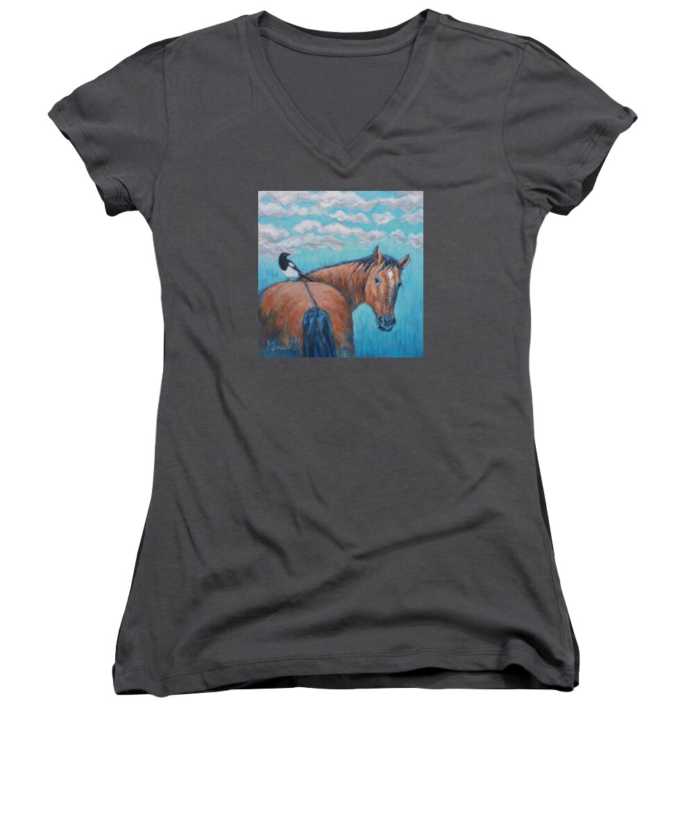 Horse Painting Women's V-Neck featuring the painting Horse and Magpie by Gina Grundemann