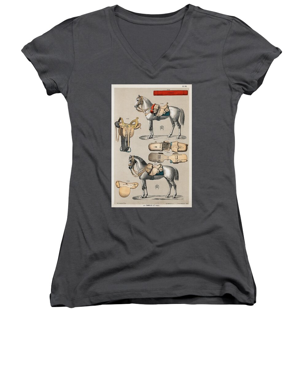 Warrior's Horse Women's V-Neck featuring the drawing Horseback riding equipments by Vincent Monozlay