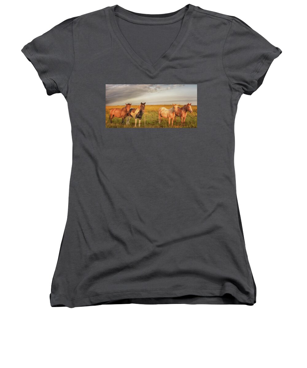 Horse Women's V-Neck featuring the photograph Horses at Kalae by Susan Rissi Tregoning