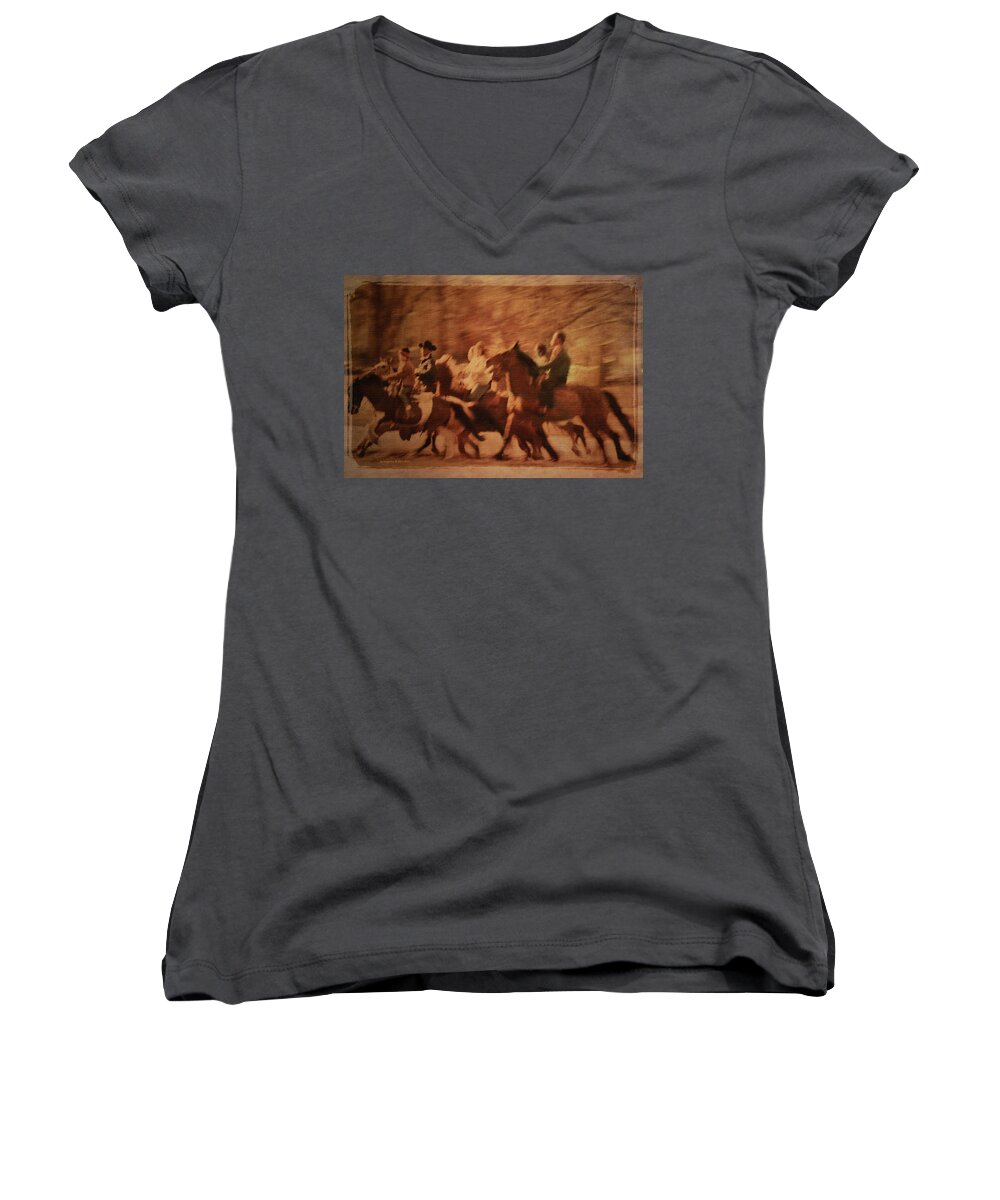 Horses Women's V-Neck featuring the photograph Horses in motion by Aleksander Rotner