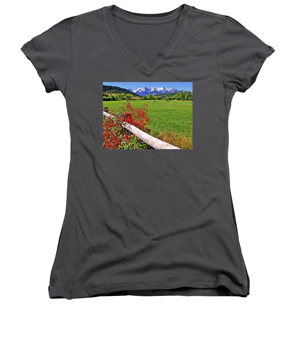 Colorado Women's V-Neck featuring the photograph Horses in The San Juans by Scott Mahon