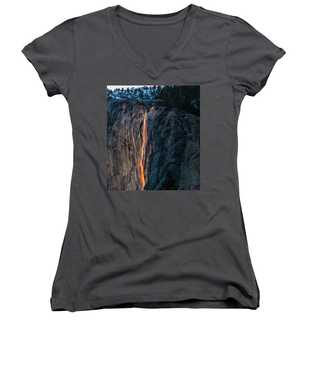 America Women's V-Neck featuring the photograph Horsetail Water Fall Glow by Connie Cooper-Edwards