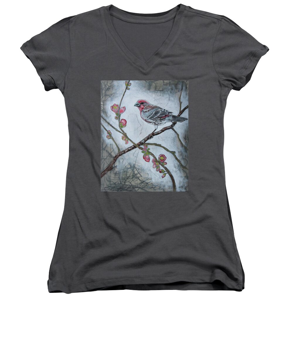 Bird Women's V-Neck featuring the mixed media House Finch by Sheri Howe