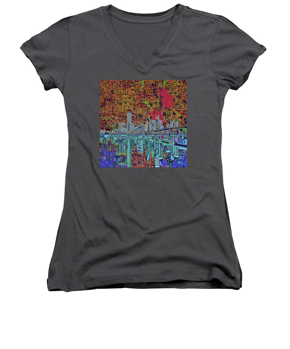 Houston Women's V-Neck featuring the painting Houston Skyline Abstract 3 by Bekim M