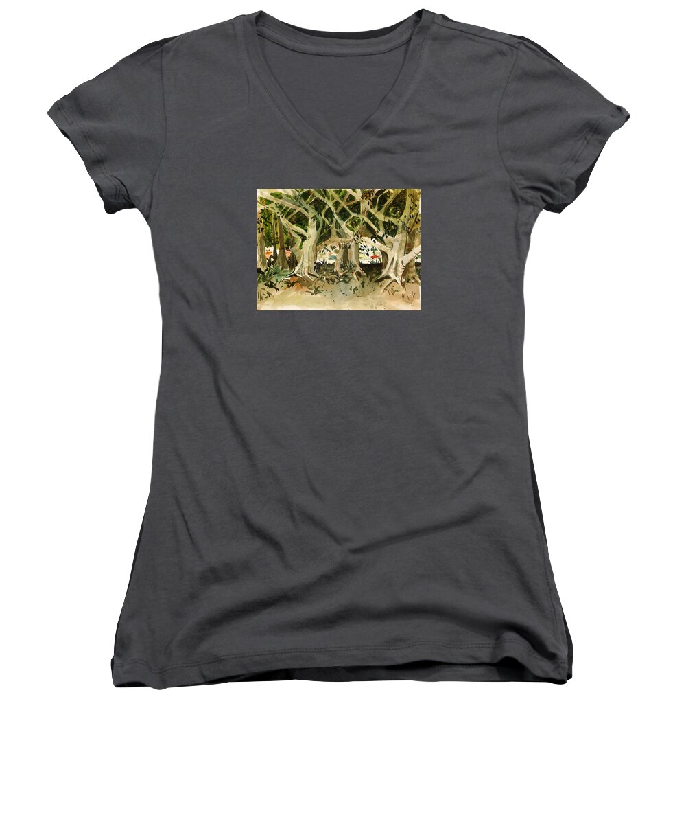 Landscape Women's V-Neck featuring the painting Howley's Banyans by Thomas Tribby
