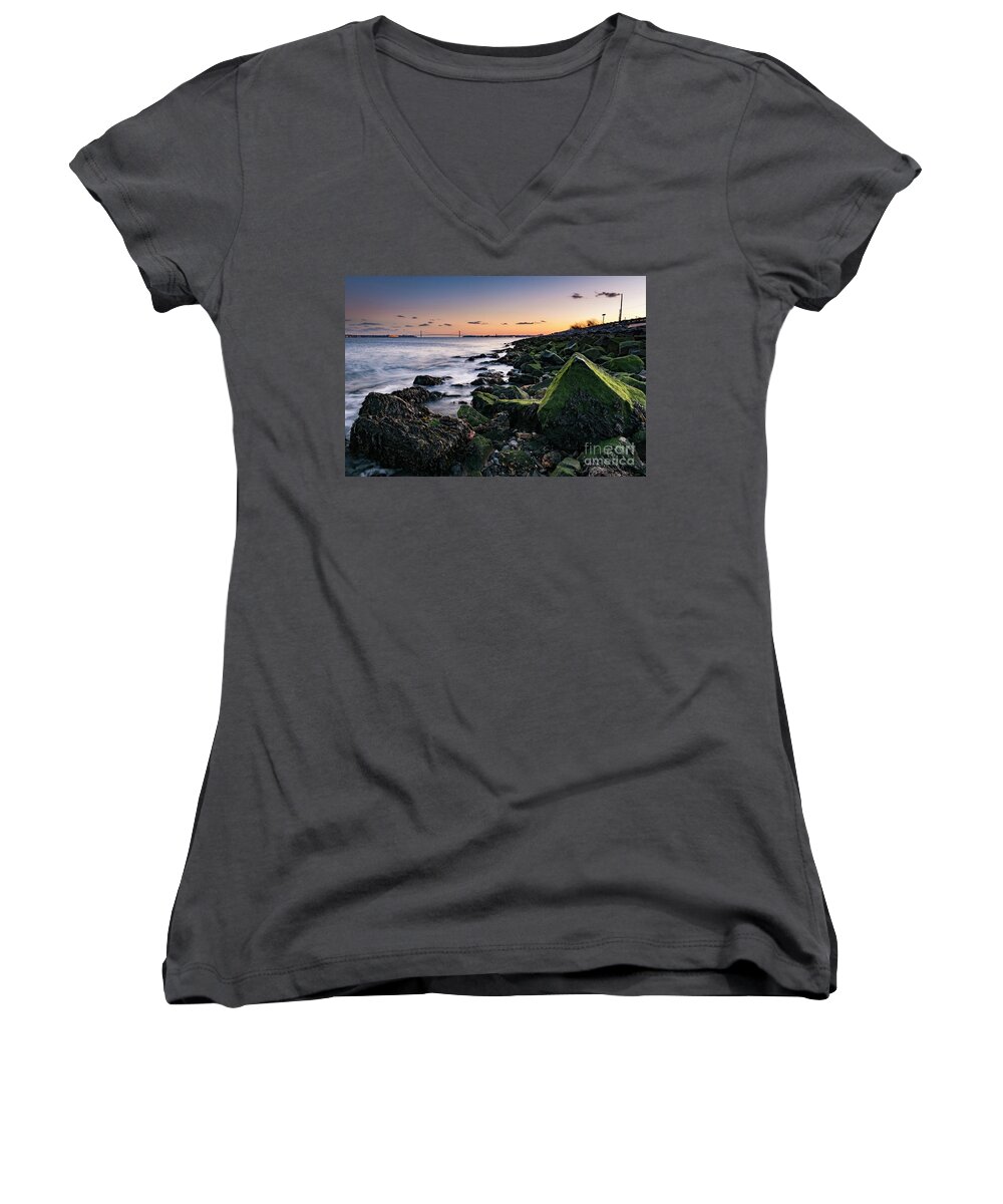 Sunset Women's V-Neck featuring the photograph Hudson River and Verrazano-Narrows Bridge by Zawhaus Photography