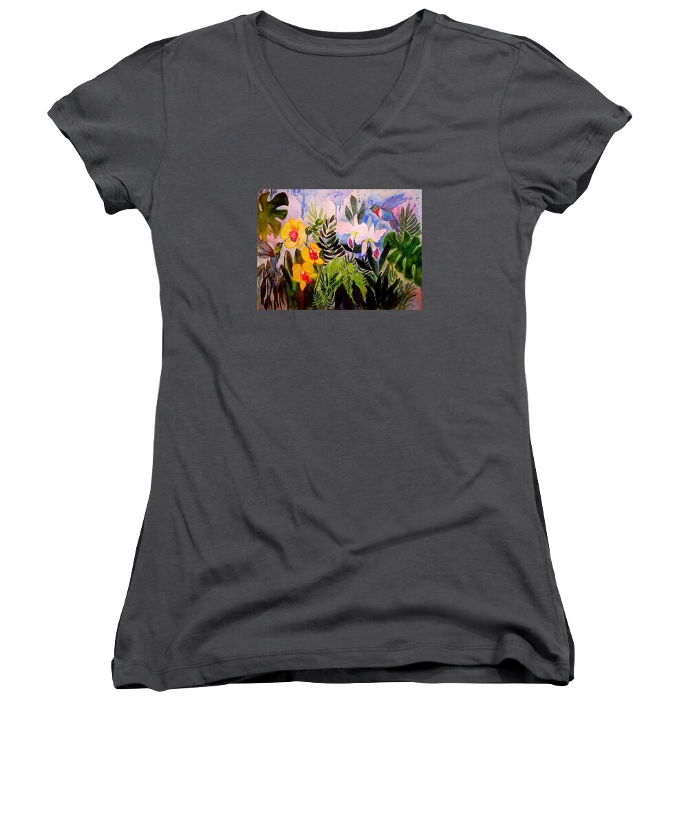 Birds And Flowers Women's V-Neck featuring the painting Hummers and Orchids by Esther Woods