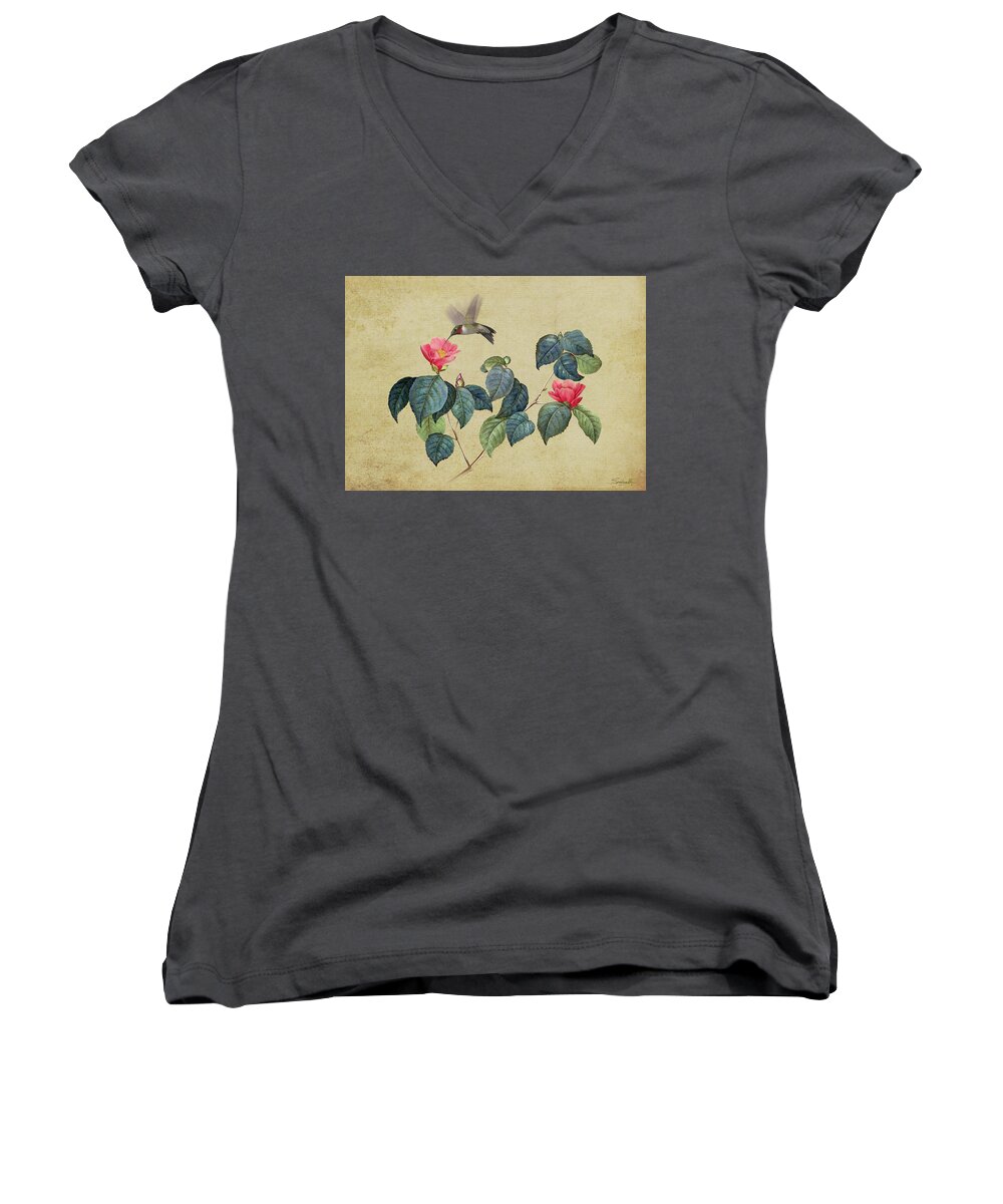 Camillea Women's V-Neck featuring the digital art Hummingbird and Japanese Camillea by M Spadecaller