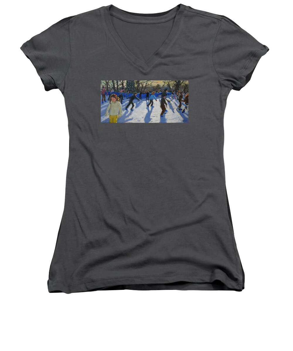 Ice Women's V-Neck featuring the painting Ice Skaters at Christmas Fayre in Hyde Park London by Andrew Macara
