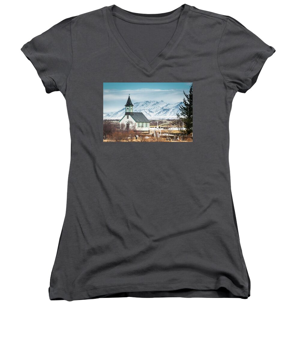 Cathedral Women's V-Neck featuring the photograph Icelandic Church, Thingvellir by Geoff Smith