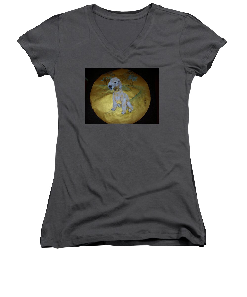 Dog. Bedlington Terrier. Women's V-Neck featuring the painting Iggy on gold by Debbi Saccomanno Chan