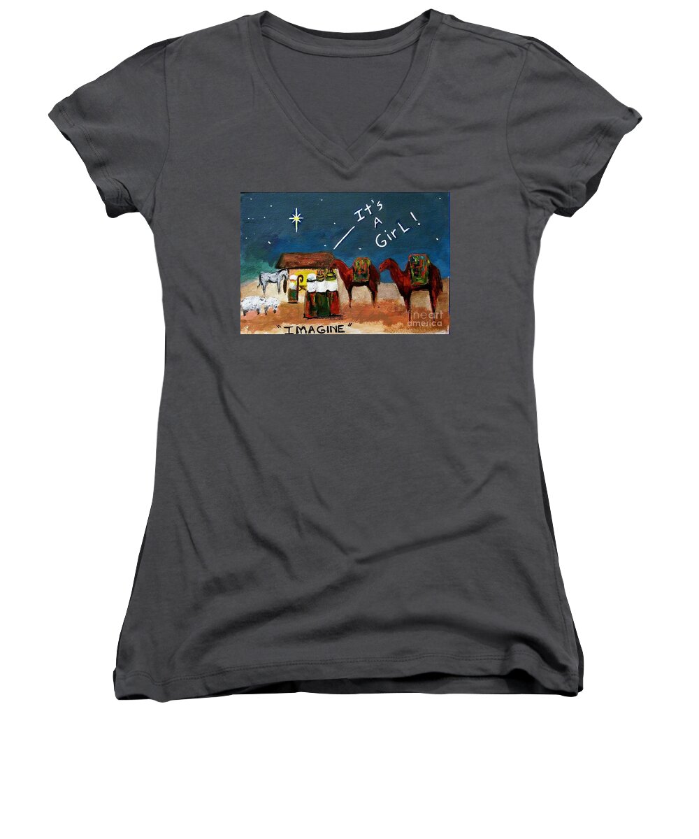 Christmas Card Women's V-Neck featuring the painting Imagine by Frances Marino