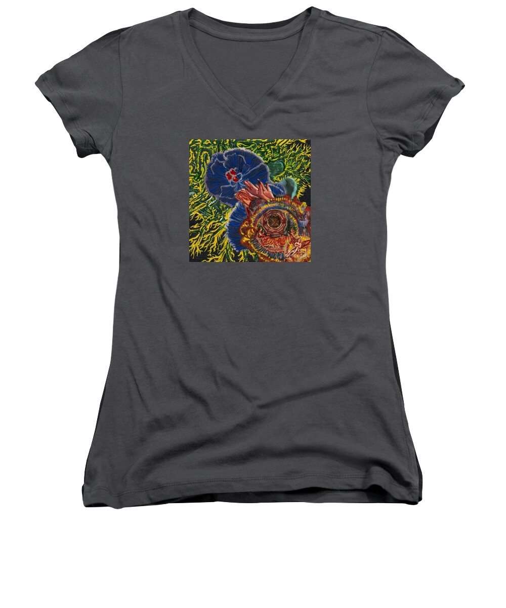 Human Women's V-Neck featuring the painting Immunity Activation Microbiology Landscapes Series by Emily McLaughlin