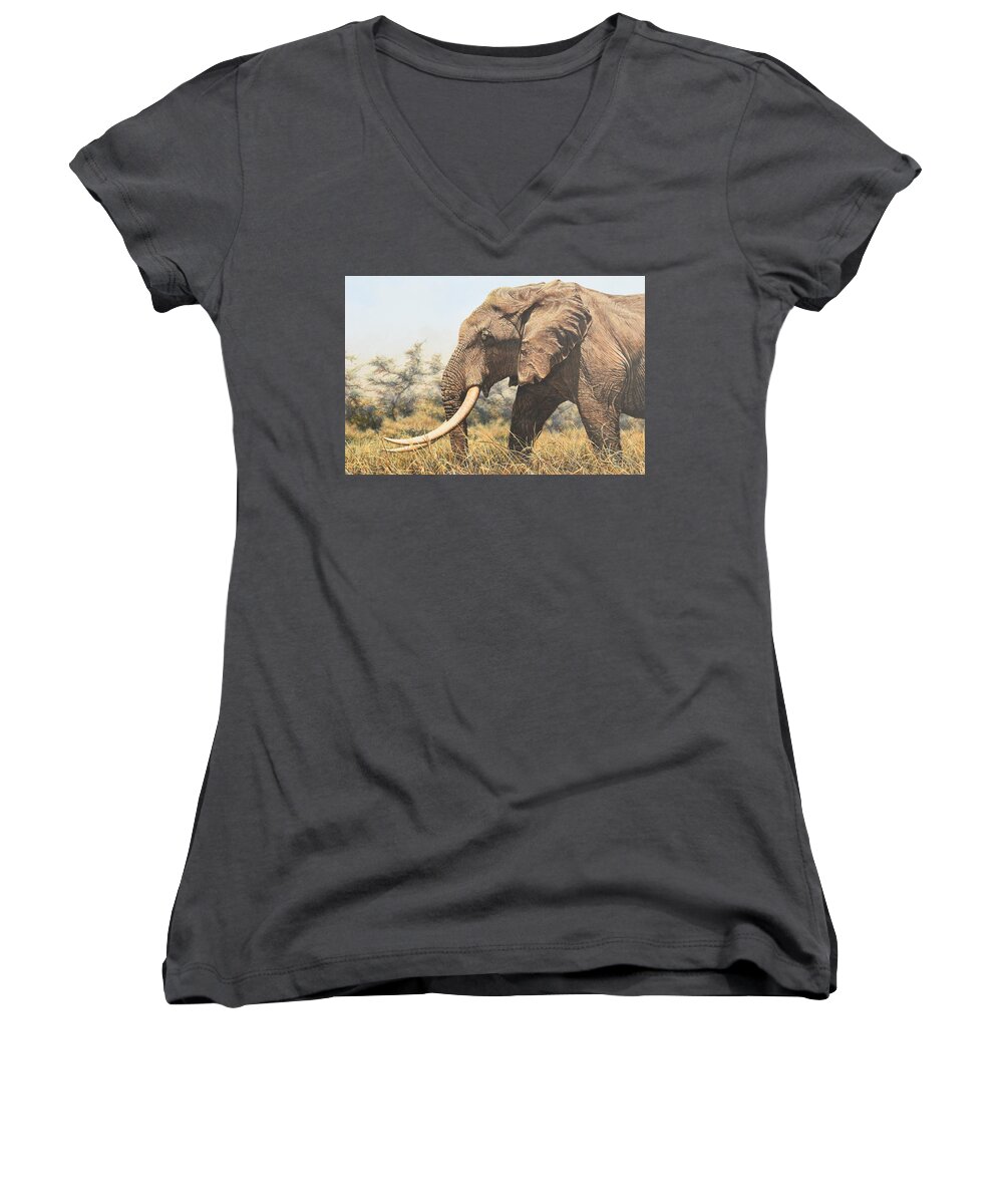 Wildlife Paintings Women's V-Neck featuring the painting In the Footsteps of Elders by Alan M Hunt