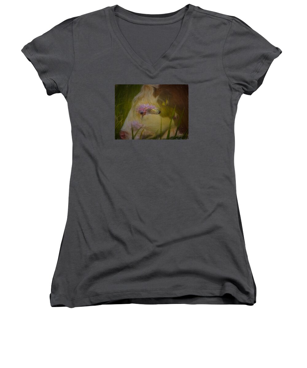 Head Women's V-Neck featuring the photograph In the head of a Cow by Leif Sohlman