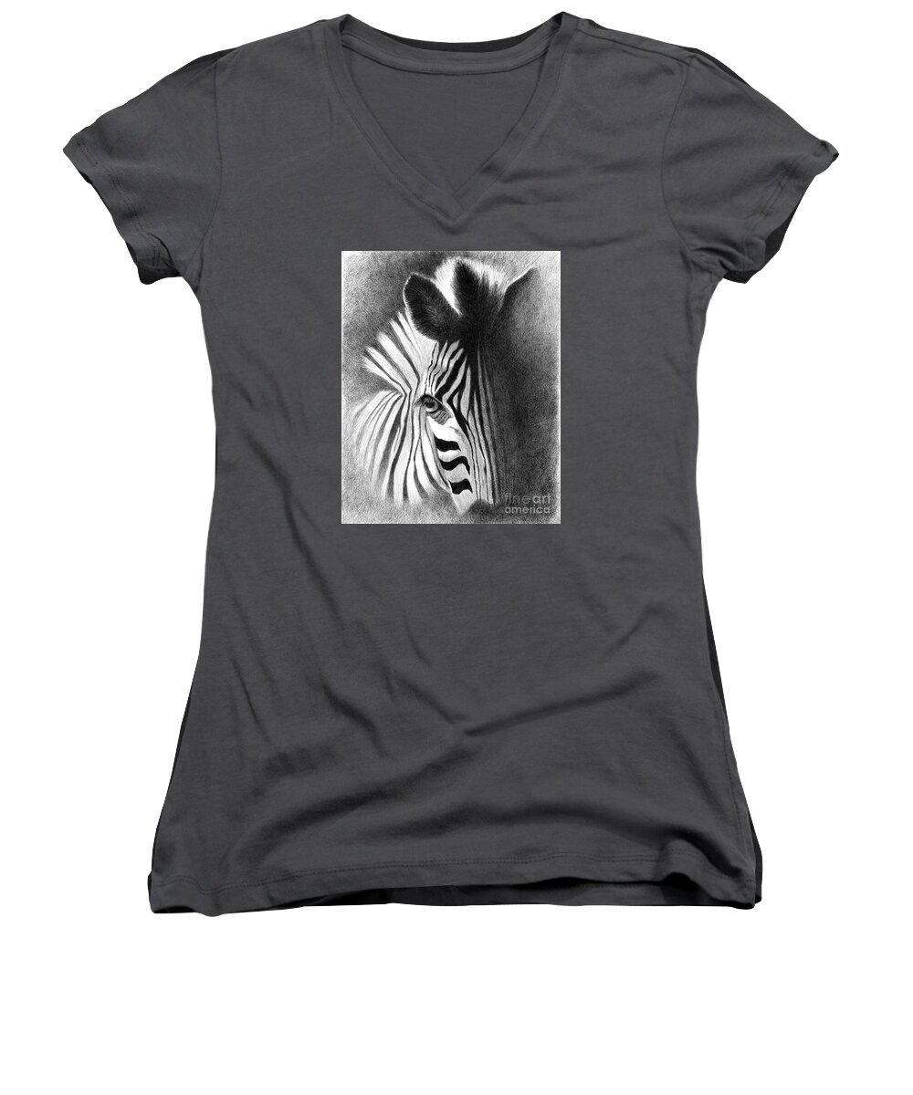 Zebra Women's V-Neck featuring the drawing Incognito by Phyllis Howard