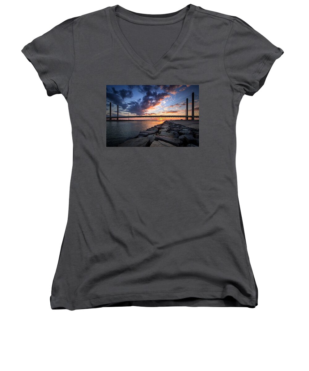 Indian River Bridge Women's V-Neck featuring the photograph Indian River Inlet and Bay Sunset by Bill Swartwout