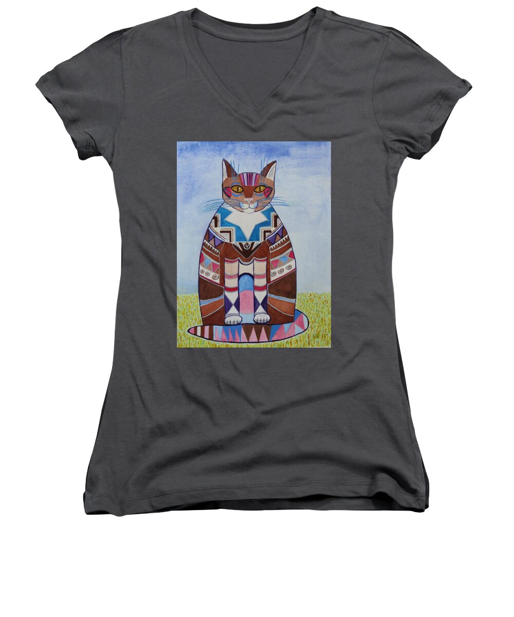 Vera Smith Women's V-Neck featuring the painting Indian Squirrel Cat by Vera Smith