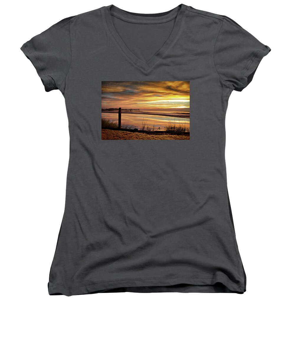 Sunrise Print Women's V-Neck featuring the photograph Inlet Watch At Dawn by Phil Mancuso