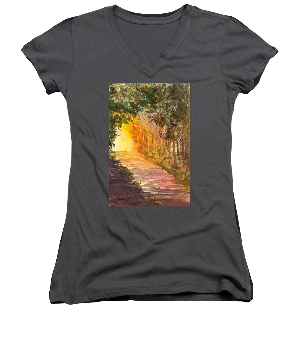 Path Women's V-Neck featuring the painting Into the Light by Frank SantAgata