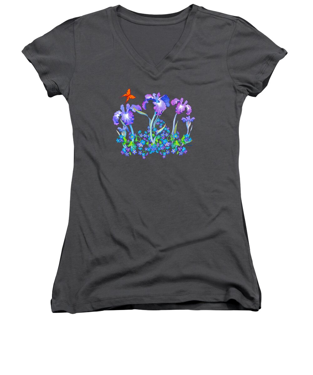 Iris Bouquet With Forget Me Nots Women's V-Neck featuring the painting Iris Bouquet with Forget me Nots by Teresa Ascone