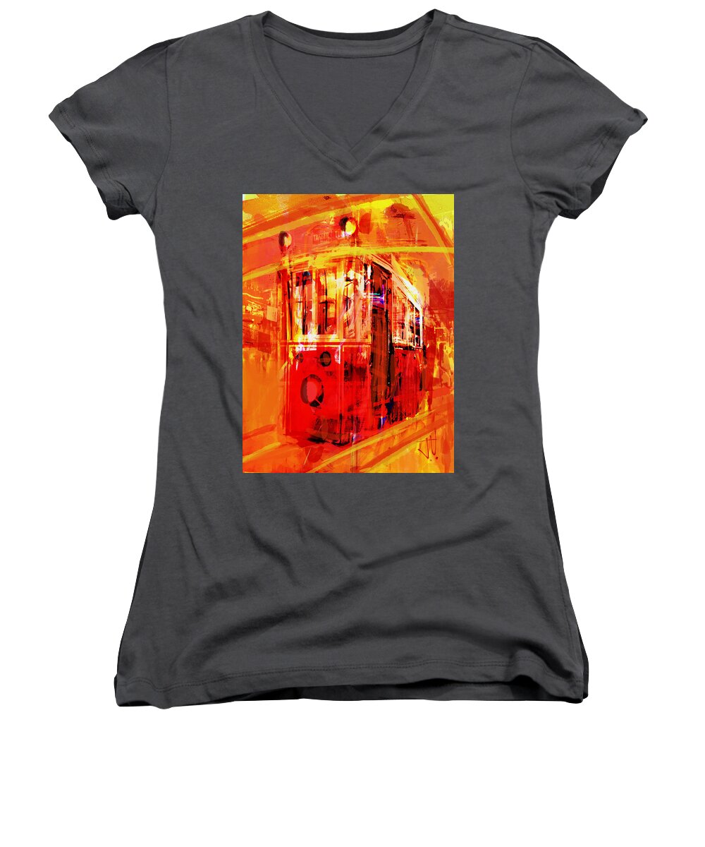 Red Women's V-Neck featuring the digital art Istanbul Trolley Car by Jim Vance