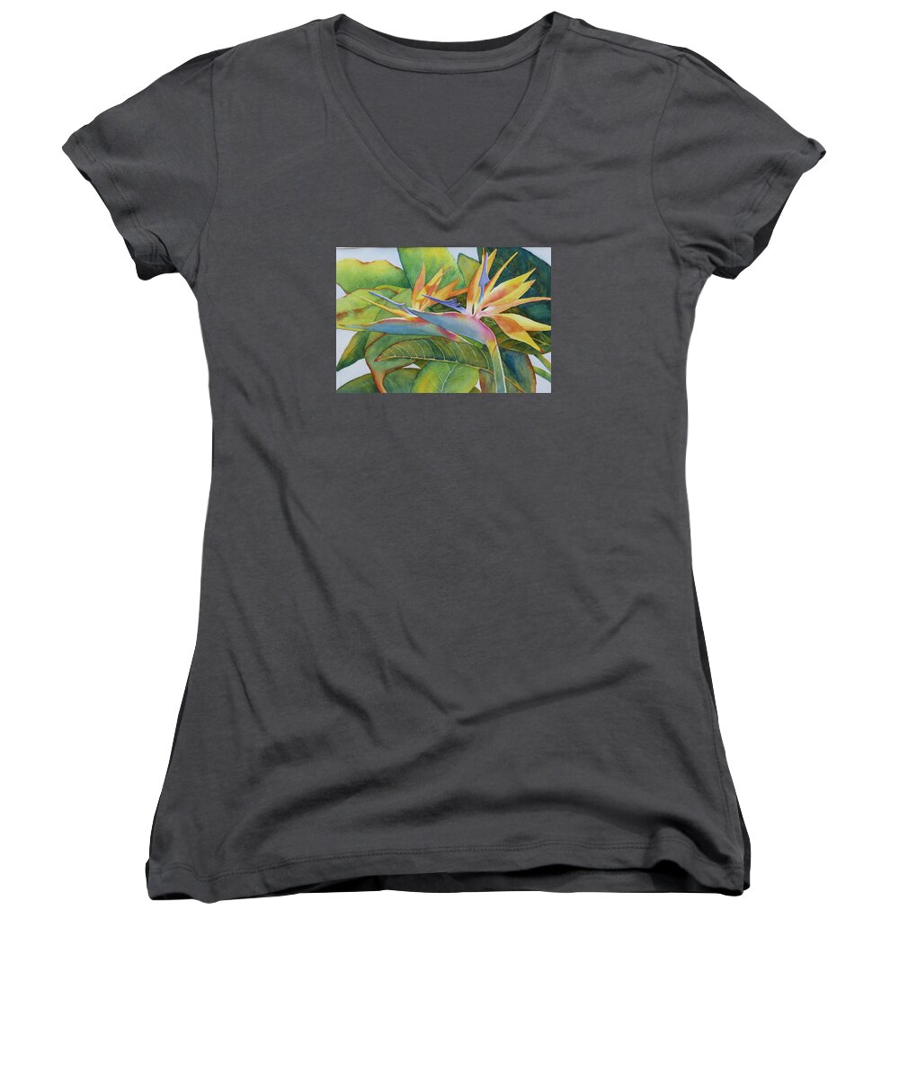 Bird Of Paradise Women's V-Neck featuring the painting It Takes Two by Judy Mercer