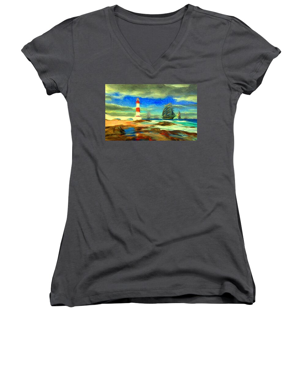 Itapua Women's V-Neck featuring the digital art Itapua Lighthouse 1 by Caito Junqueira
