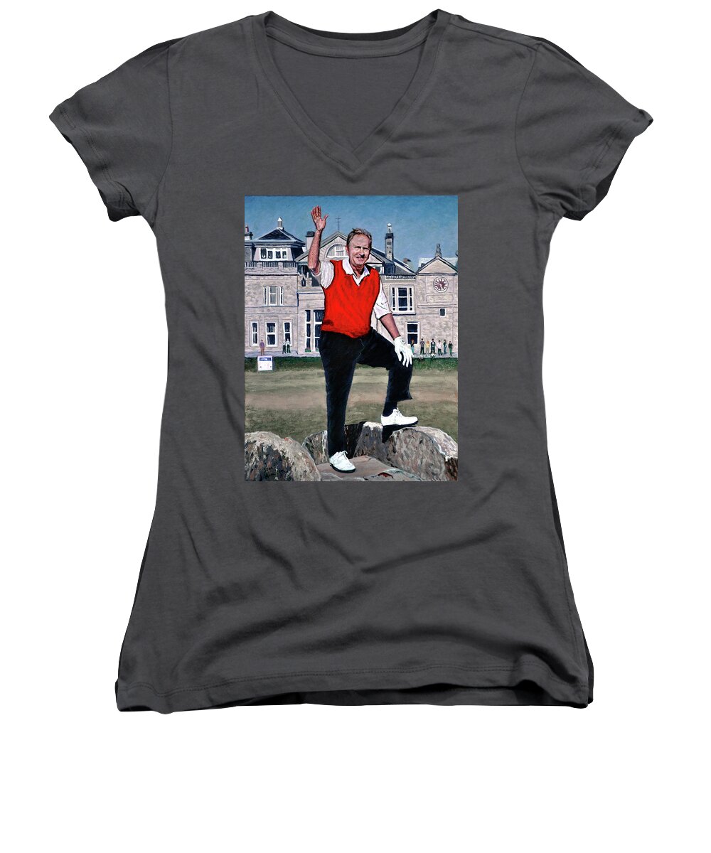 Jack Nicklaus Women's V-Neck featuring the painting Jack Nicklaus by Stan Hamilton