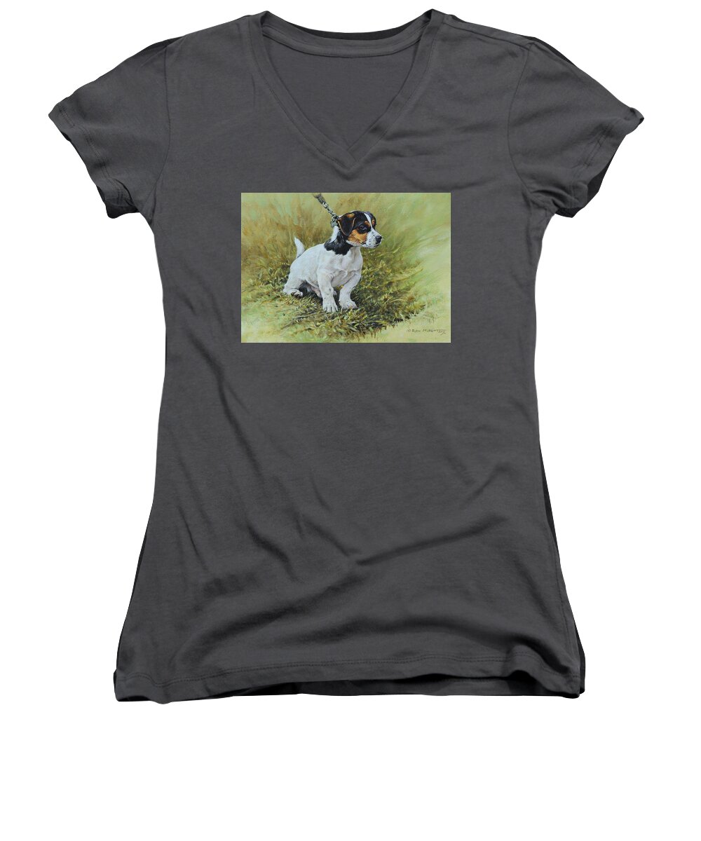 Dog Women's V-Neck featuring the painting Jack Russell Portrait by Alan M Hunt