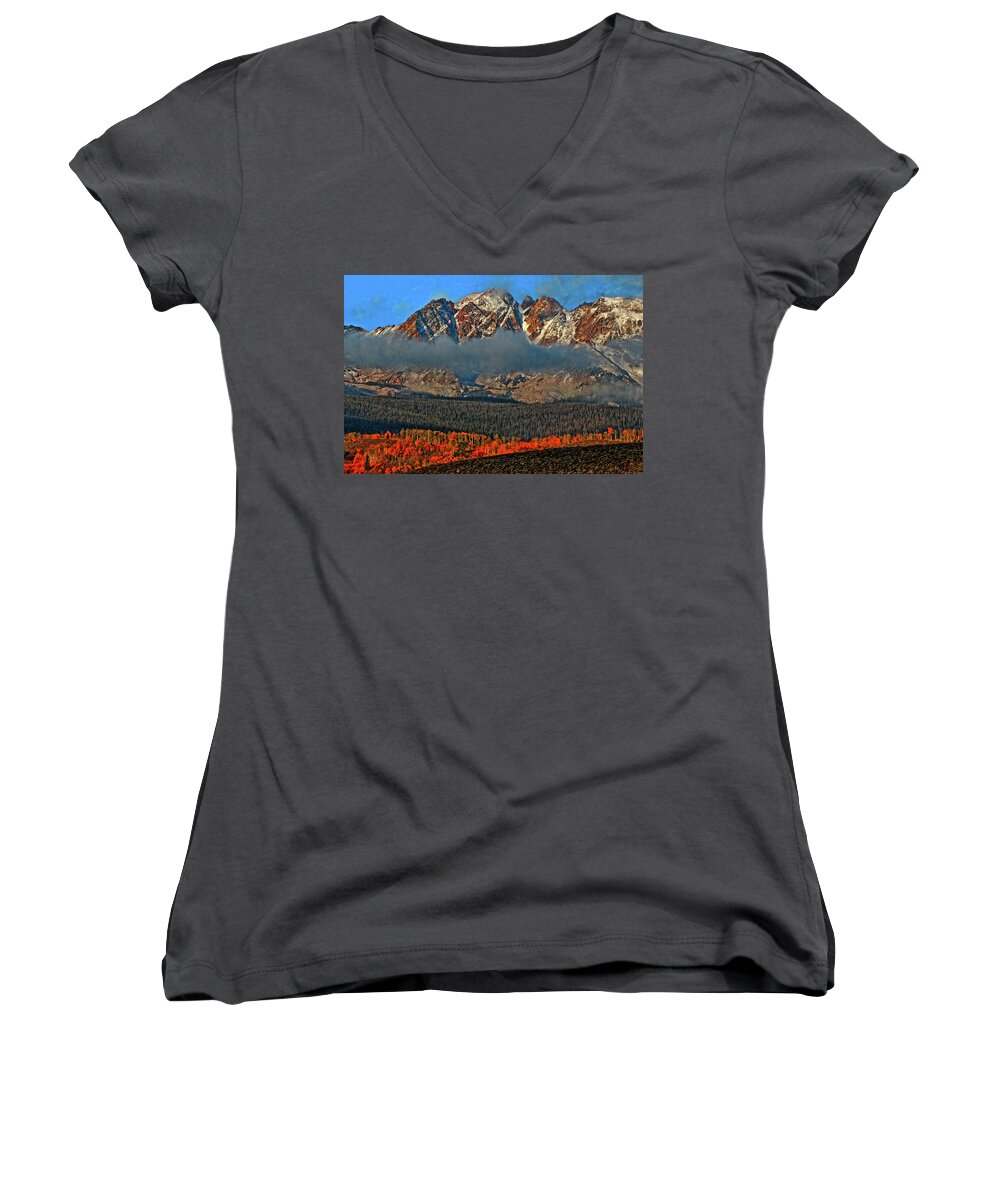 Autumn Women's V-Neck featuring the photograph Jagged Peaks Fall by Scott Mahon