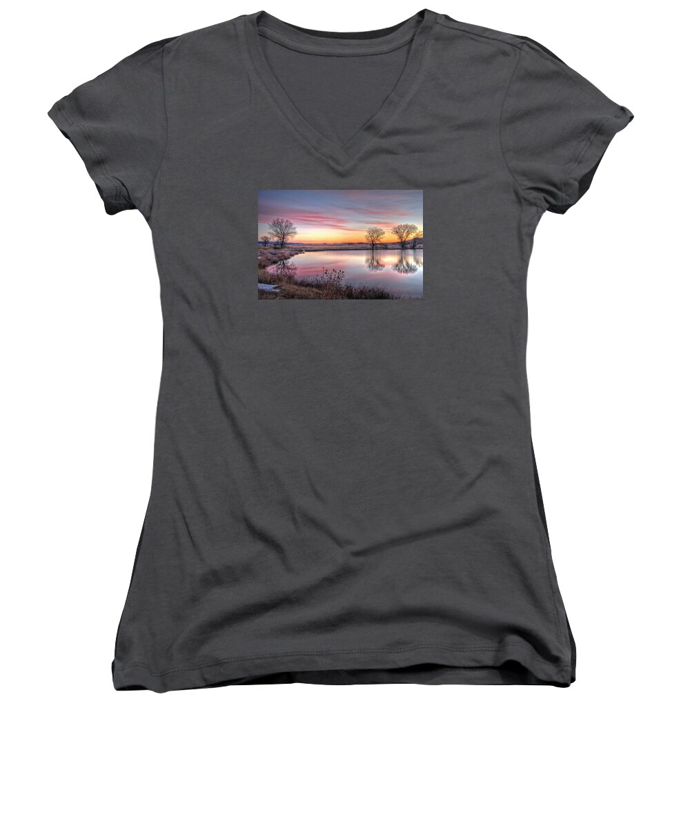 Sunrise Women's V-Neck featuring the photograph January Dawn by Fiskr Larsen